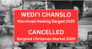 Black and red image advising of Bargoed Christmas Market being cancelled tomorrow