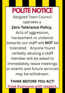 An information notice containing a yellow and black striped border. Red header text reading POLITE NOTICE.  The content advises of a zero tolerance towards aggression, harassment or violence towards staff.
